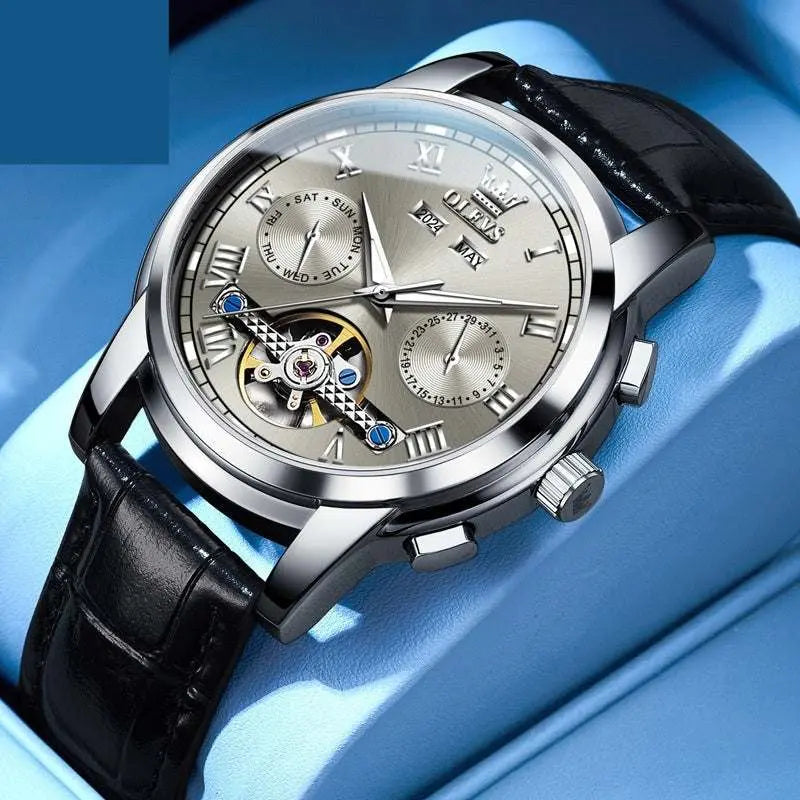 OLEVS men's waterproof luminous multifunctional automatic mechanical watch with black leather strap and silver dial