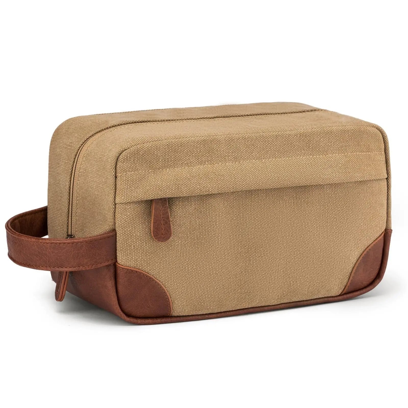 Men's toiletry large capacity travel bag in beige canvas with brown leather accents and handle
