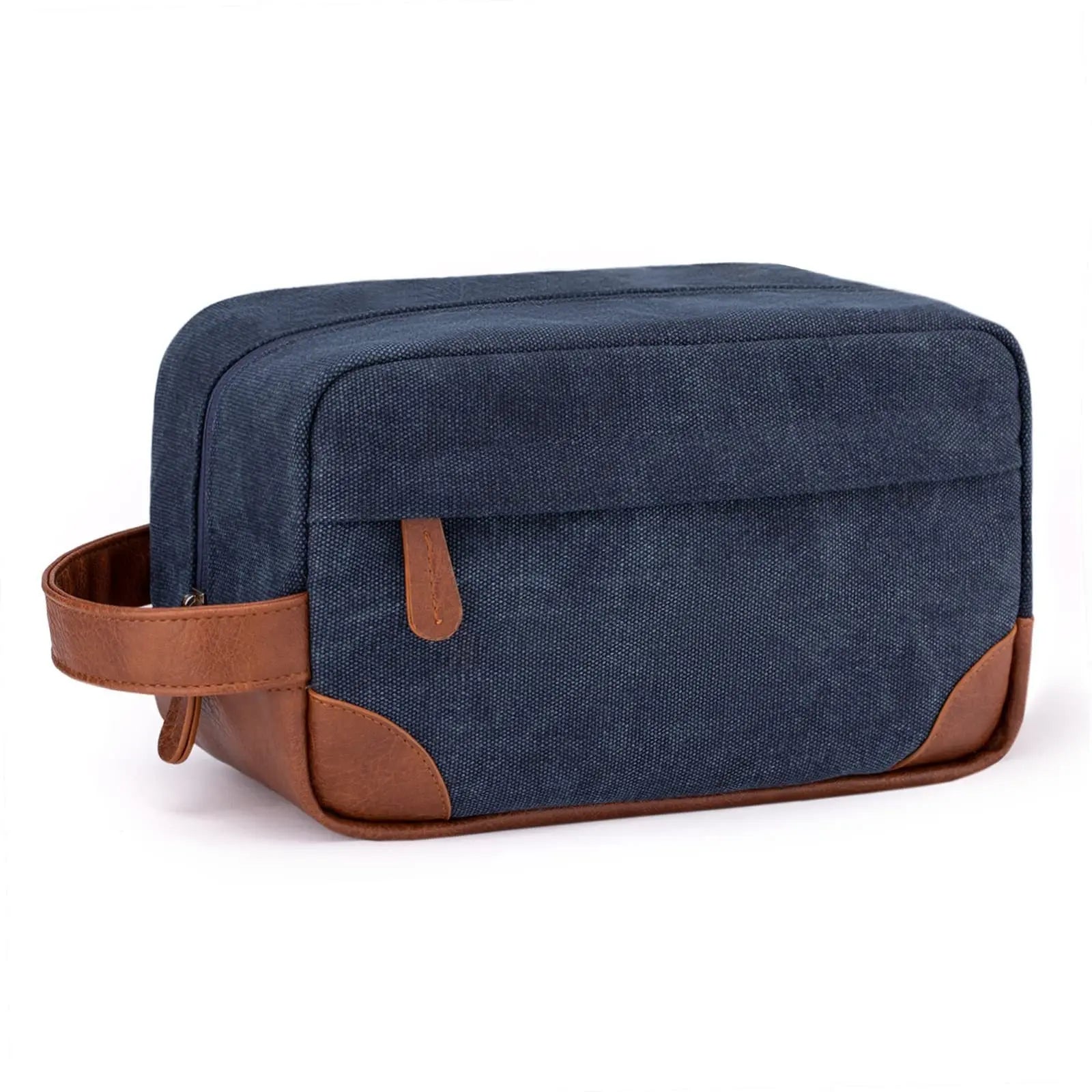 Men's large capacity toiletry travel bag in navy canvas with brown leather accents and handle