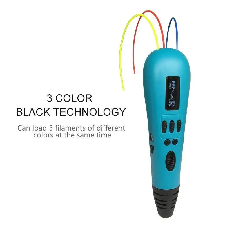 Blue 3D printing pen with OLED screen and three filament color input for multicolor drawing