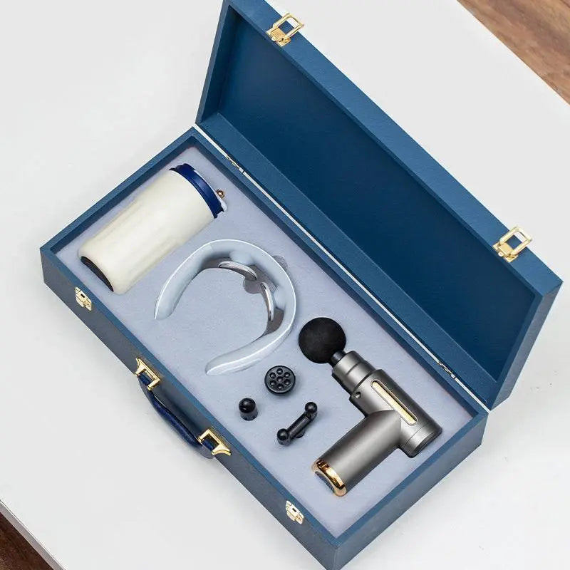 Massage gun gift box with neck massager, travel mug, and multiple attachments in a luxury blue case