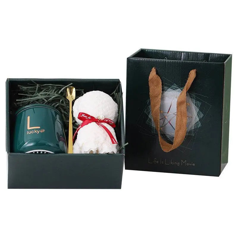 Ceramic cup gift box set with letter print mug, spoon, towel, and gift bag