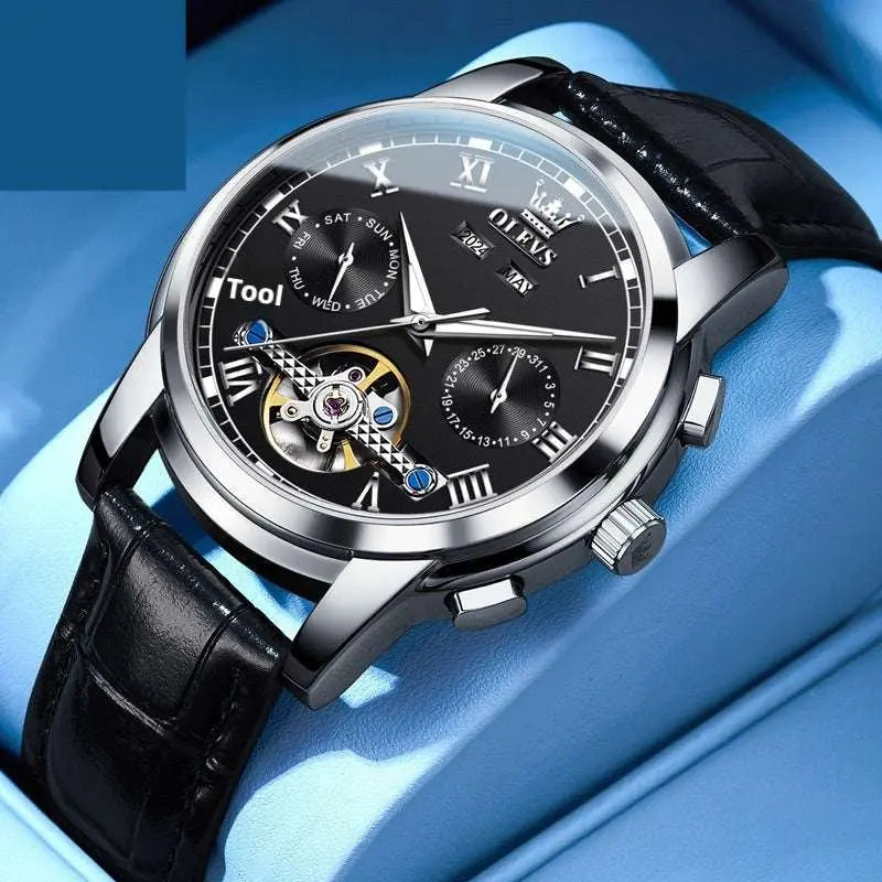 OLEVS men's waterproof luminous multifunctional automatic mechanical watch with black leather strap and black dial