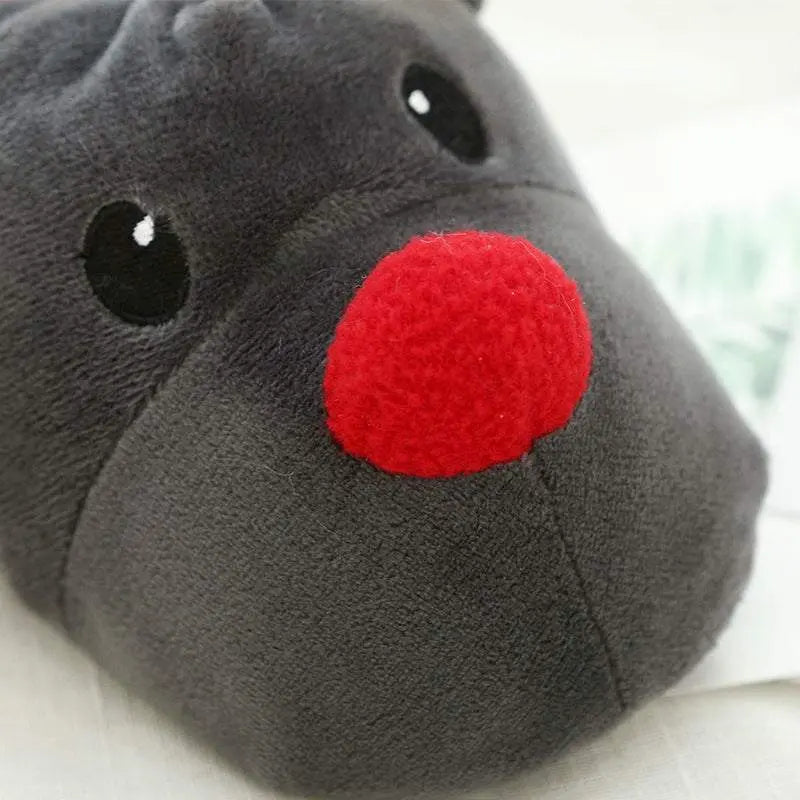 Close-up of Christmas Elk Slippers showing soft grey fleece and red nose detail