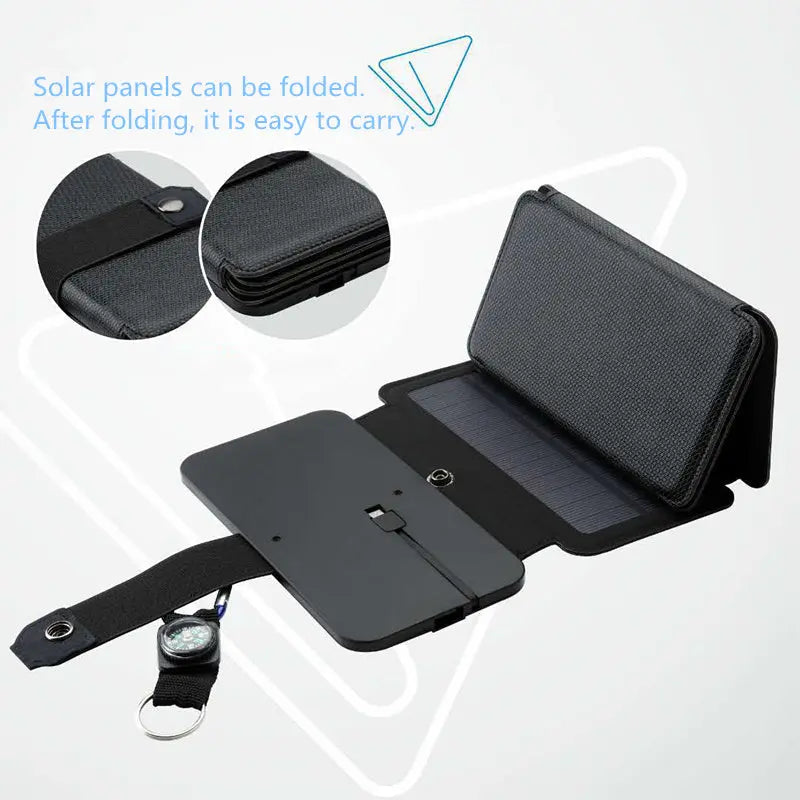 Black portable outdoor folding solar panel charger with USB output and compass buckle