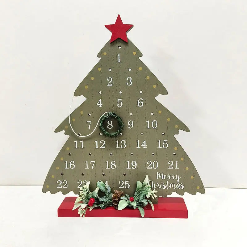 Christmas wooden advent calendar shaped like a Christmas tree with numbered countdown and festive decorations on a red base