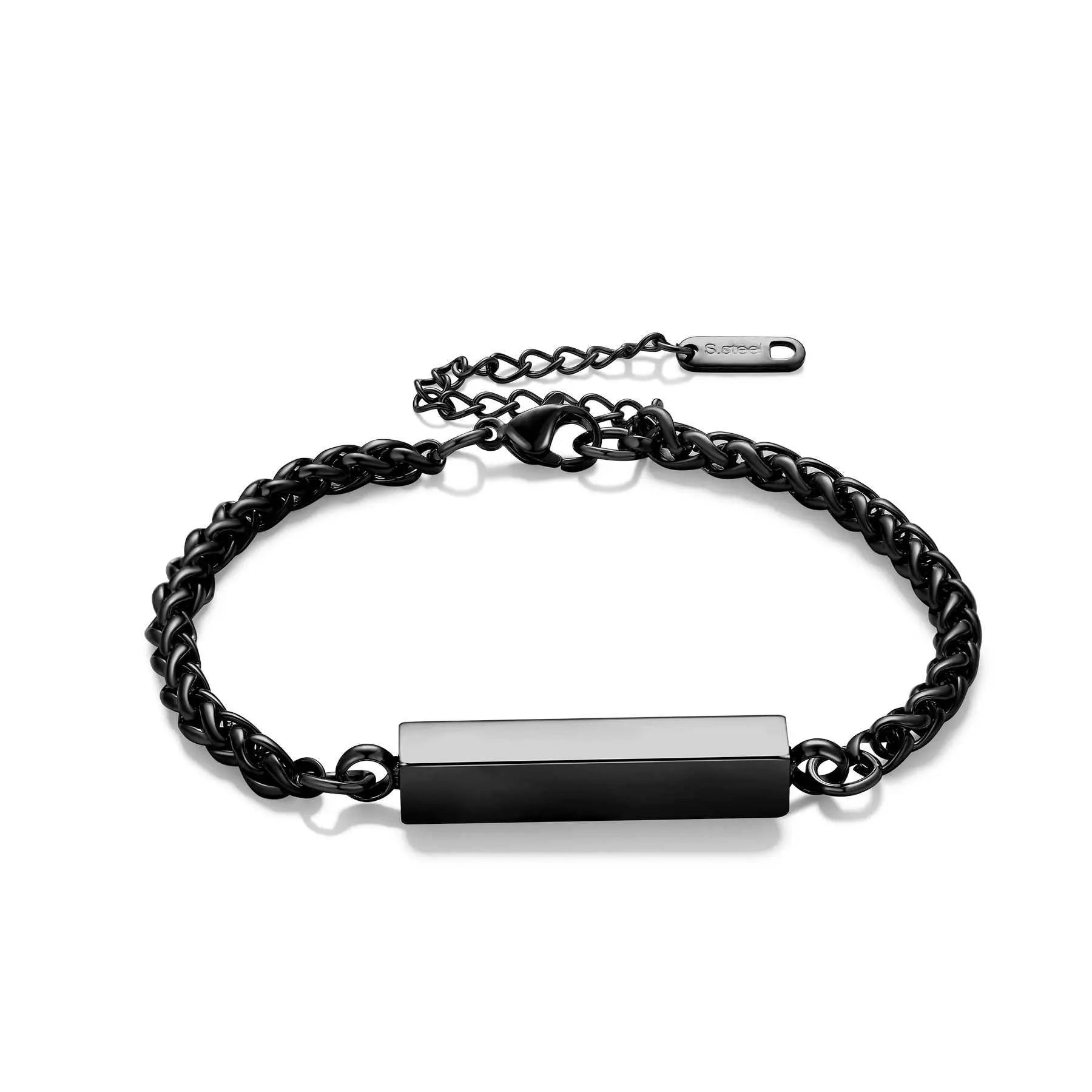 Black stainless steel rectangular column bracelet with adjustable chain, unisex titanium steel jewelry