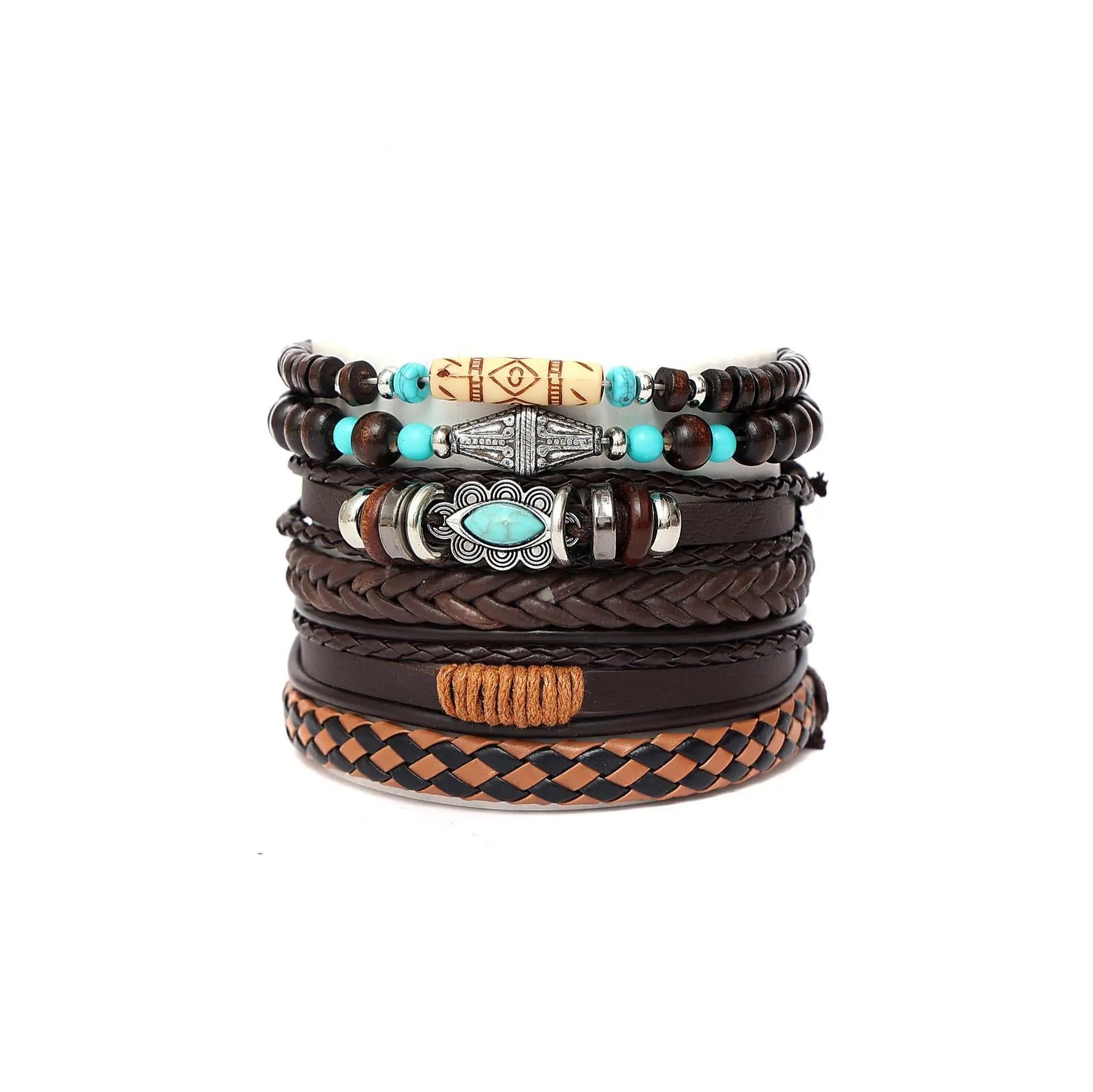 Multi-layer unisex peacock feather bracelet set with leather, wood beads, and alloy accents in boho style