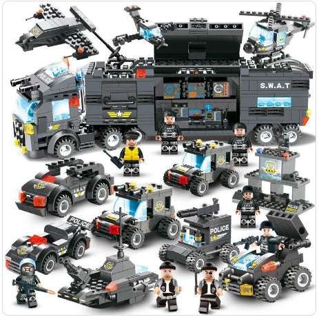 Mobile Police Station building block series with SWAT truck, helicopters, police vehicles, and mini figures in black and blue colors.