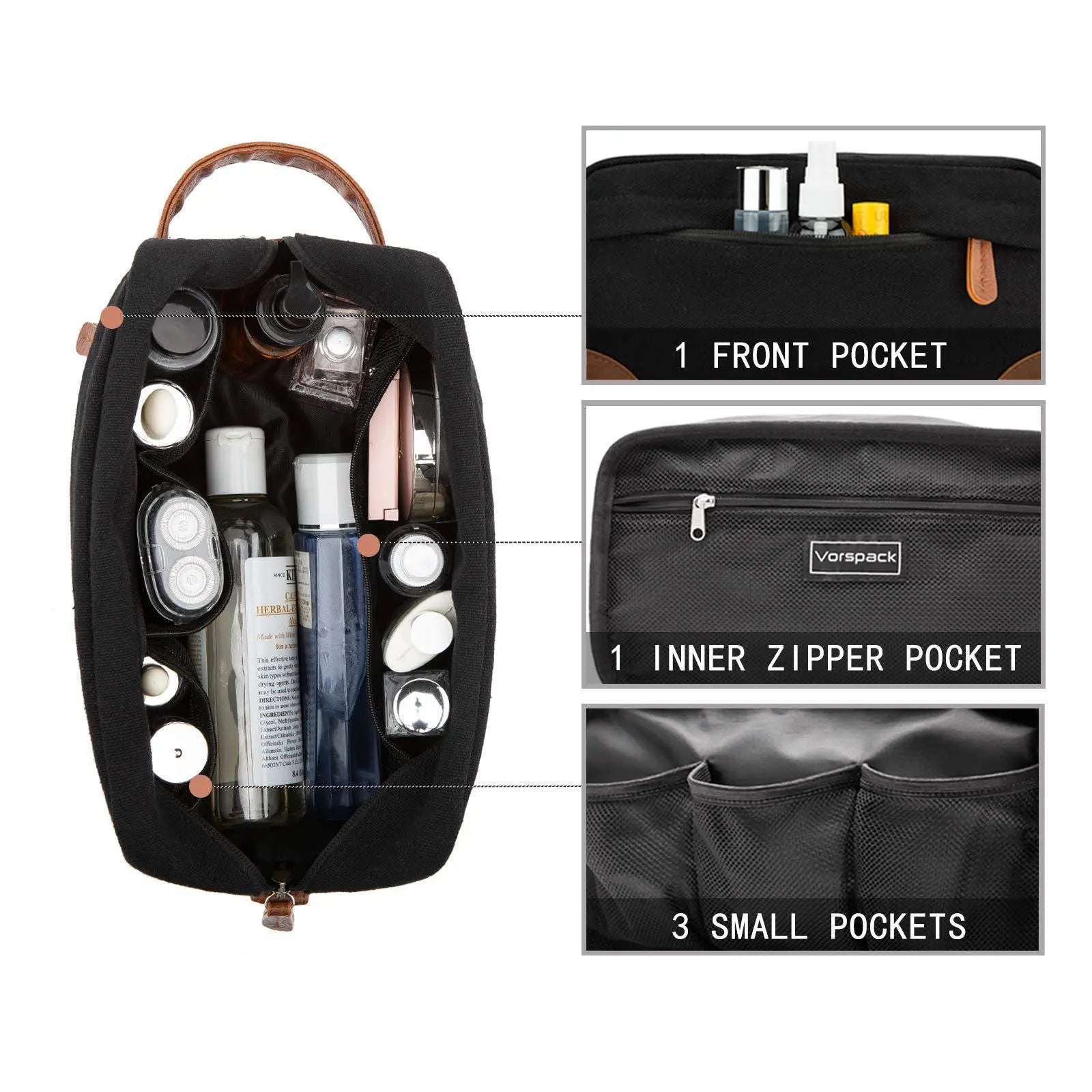 Men's toiletry large capacity travel bag with multiple pockets and waterproof canvas material in black color