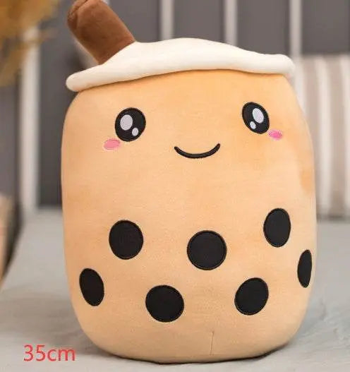Cute plush boba stuffed toy pillow with embroidered eyes and black tapioca pearls, 35cm size