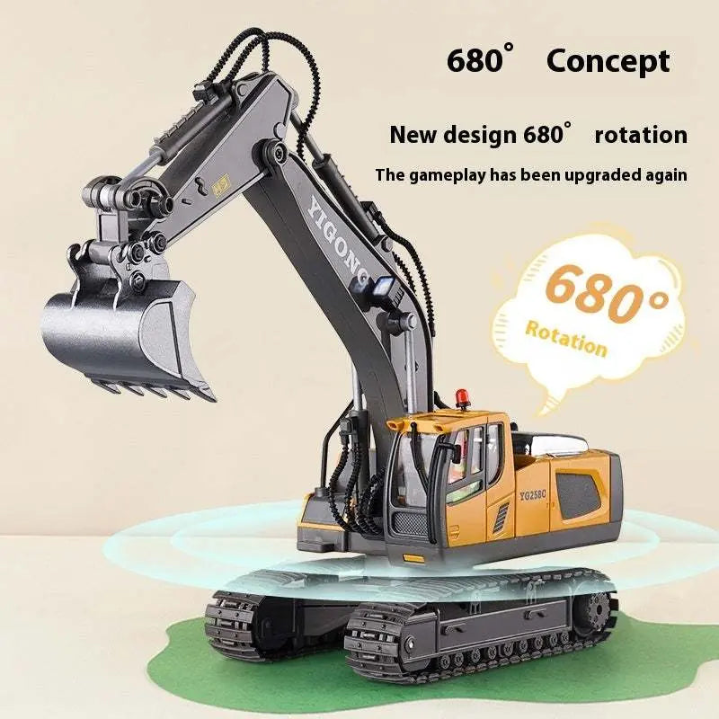 Children's remote-control engineering car toy with 680-degree rotating digging arm, realistic construction vehicle design.