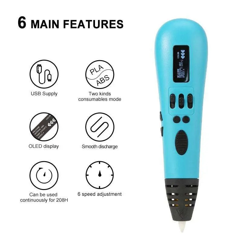 Blue 3D printing pen with OLED display, adjustable speed, and dual PLA/ABS filament compatibility