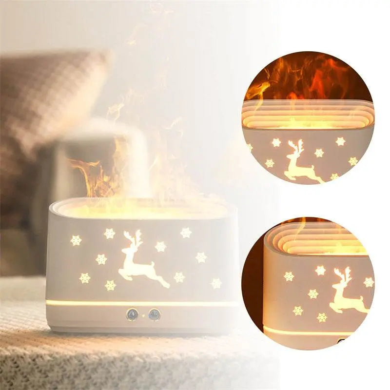 Christmas Flame Effect essential oil diffuser and humidifier with reindeer and star design, USB-powered, emits warm flame-like glow and soothing mist for aromatherapy and relaxation.