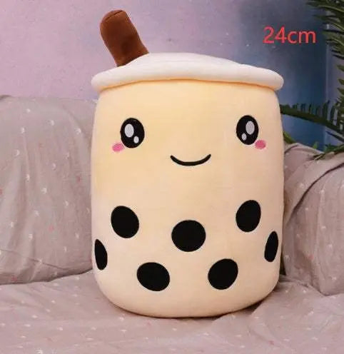 24cm plush boba stuffed toy pillow with smiling face and black tapioca pearls