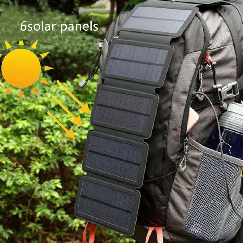 Outdoor folding solar panel charger attached to a backpack for portable device charging outdoors