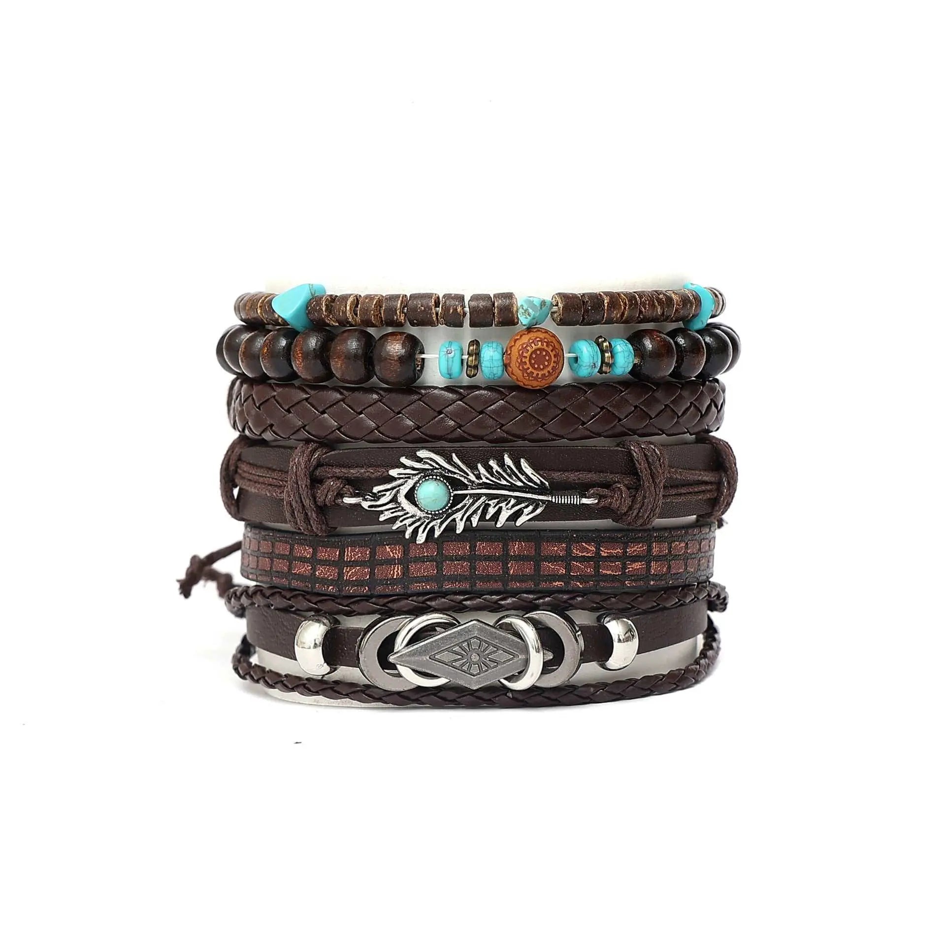 Multi-layer peacock feather bracelet set with leather, wood beads, and alloy accents unisex boho jewelry