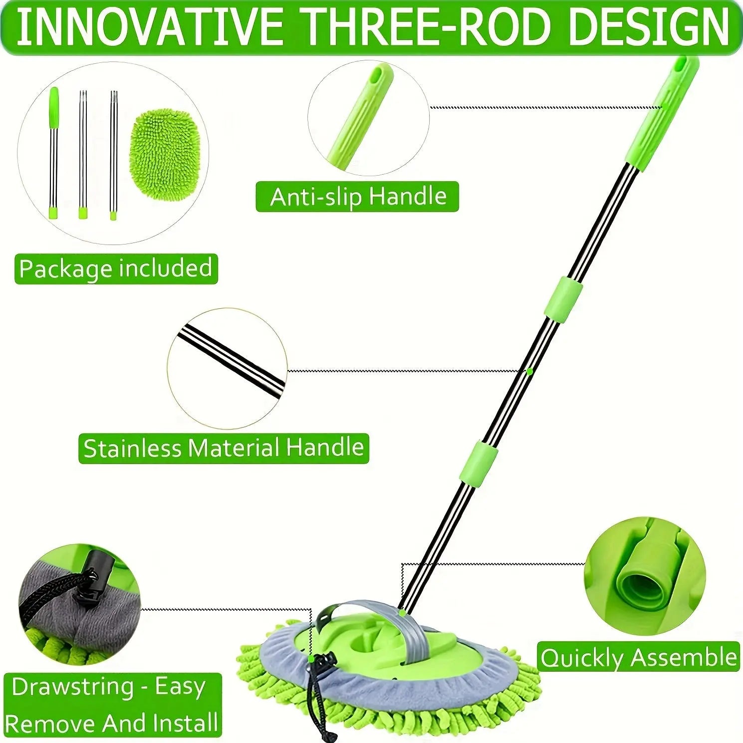 Green microfiber cleaning mop with features highlighted on a white background