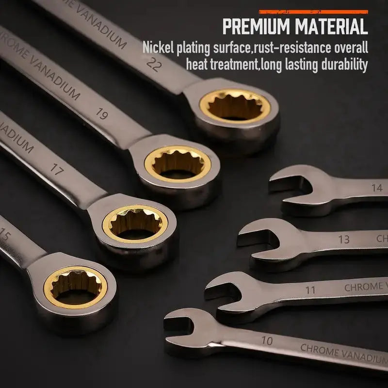 Set of wrenches with detailed text on material properties on a dark background