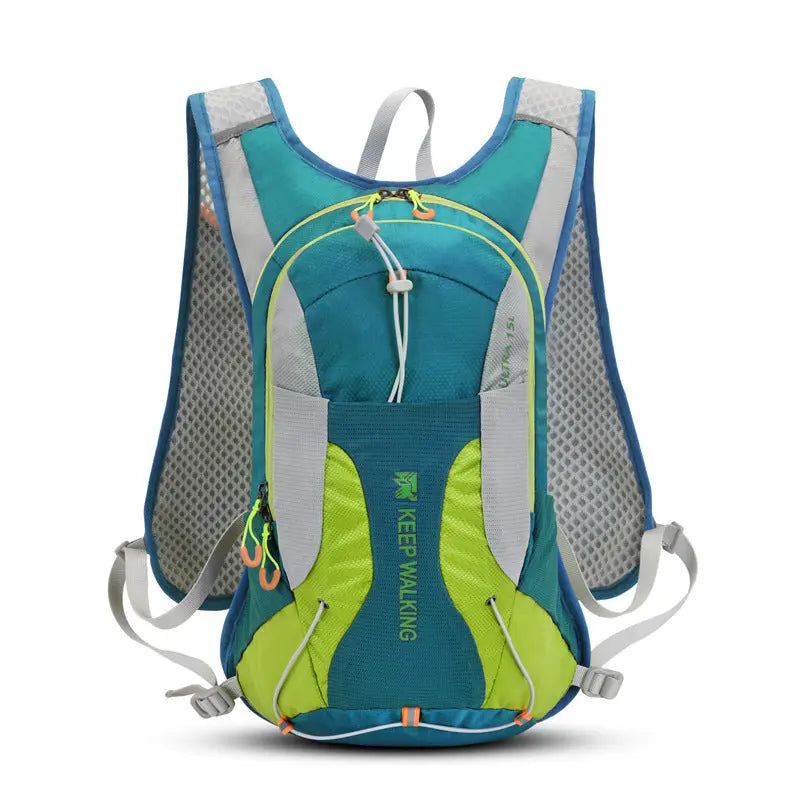 Water-resistant nylon 15L cycling backpack with breathable straps and multiple compartments for outdoor use
