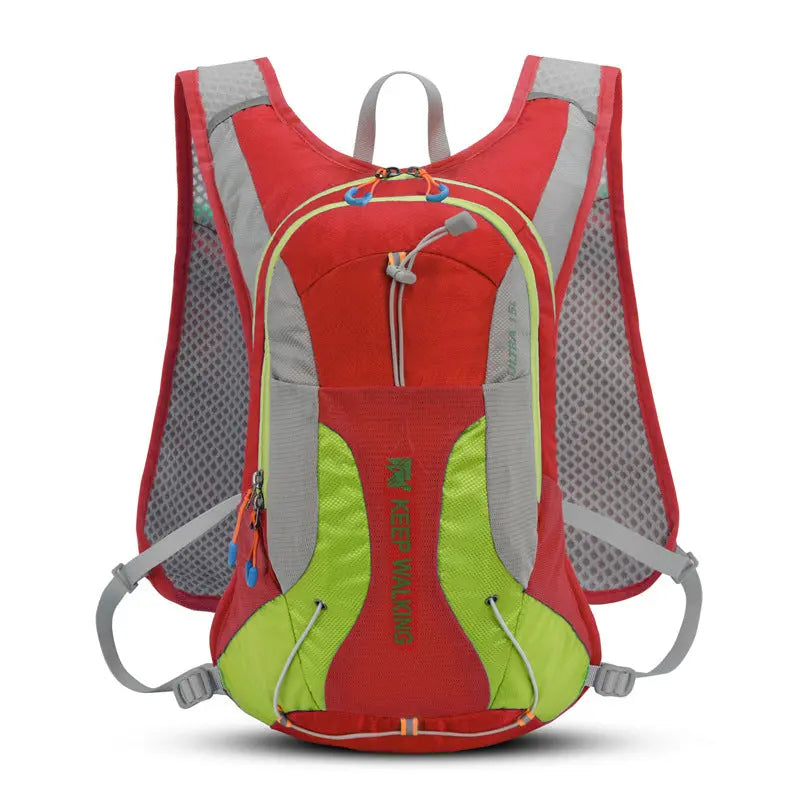 Water-resistant nylon 15L cycling backpack with breathable straps and multiple compartments for outdoor activities