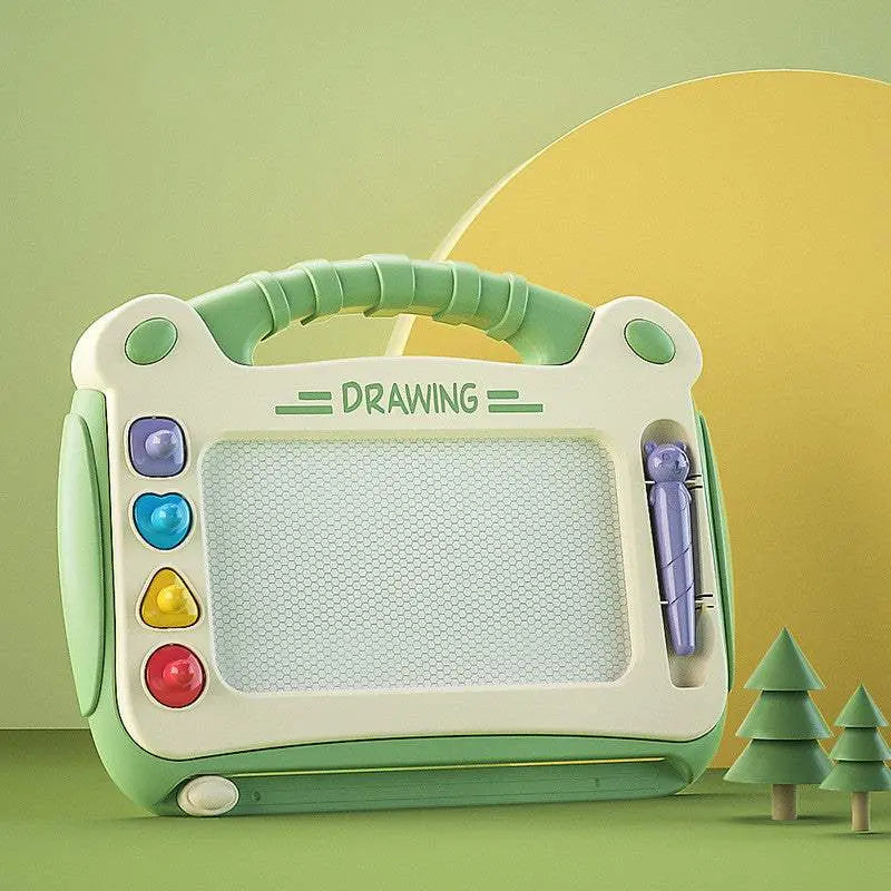 Toddler magnetic drawing board in green with colorful shape stamps and detachable pen for creative doodling