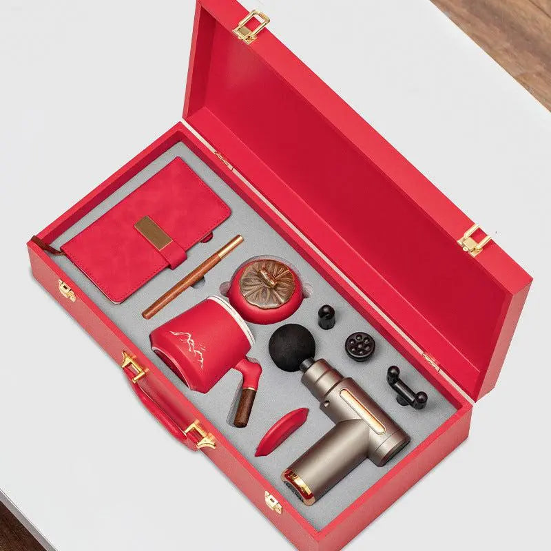 Luxury Massage Gun Gift Box with mug, umbrella, powerbank, and accessories in red business gift set