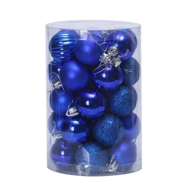 34-piece blue Christmas ball ornaments set in clear cylindrical container for tree decoration