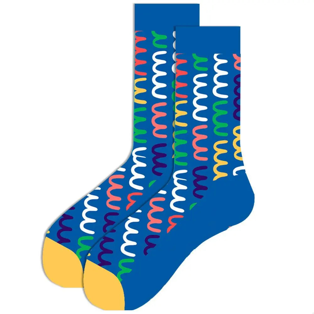 Festive men’s cotton socks with colorful pattern, mid-tube jacquard design, breathable and soft.