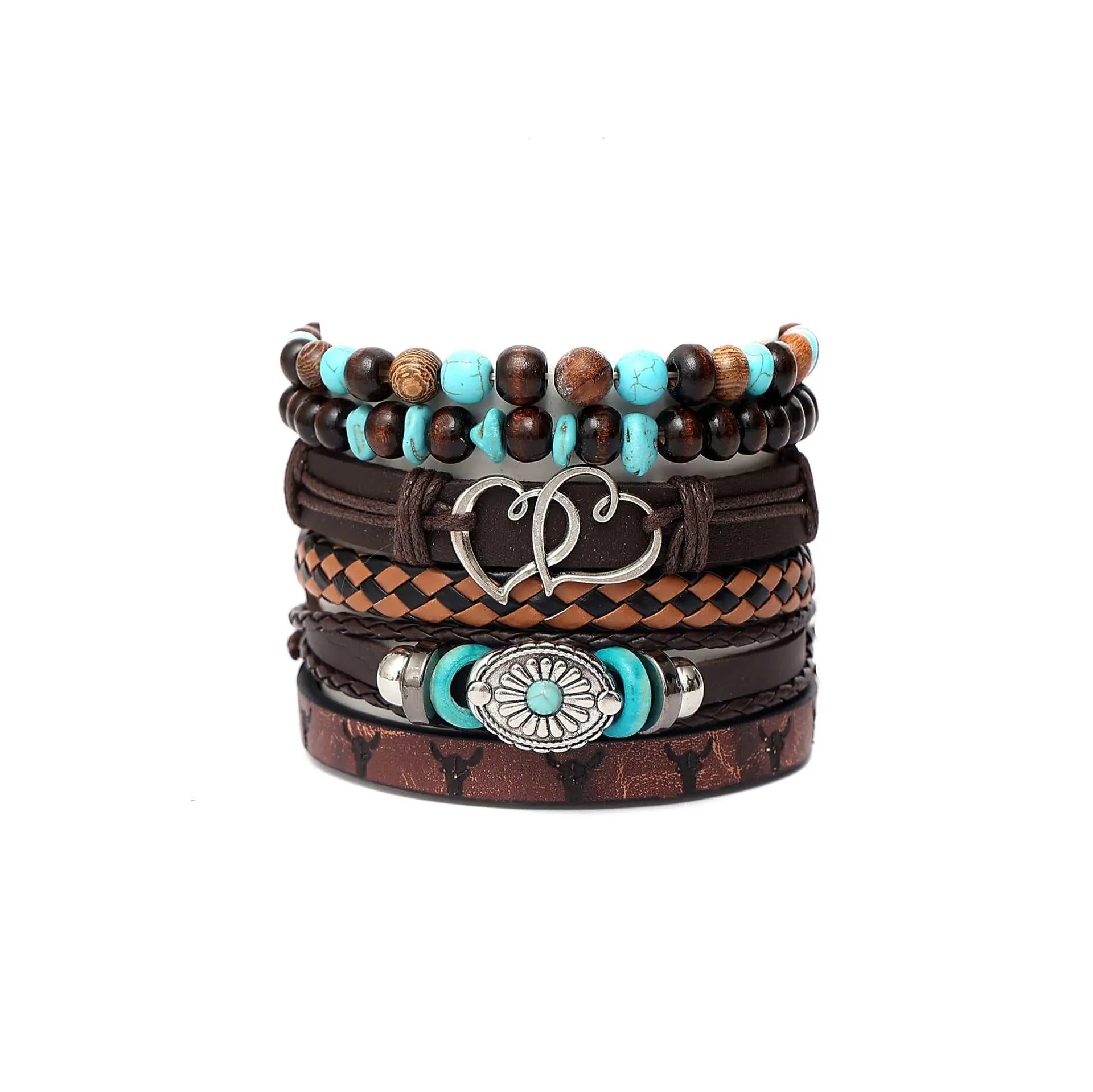 Multi-layer unisex peacock feather bracelet set with leather, wood beads, and alloy accents in boho style