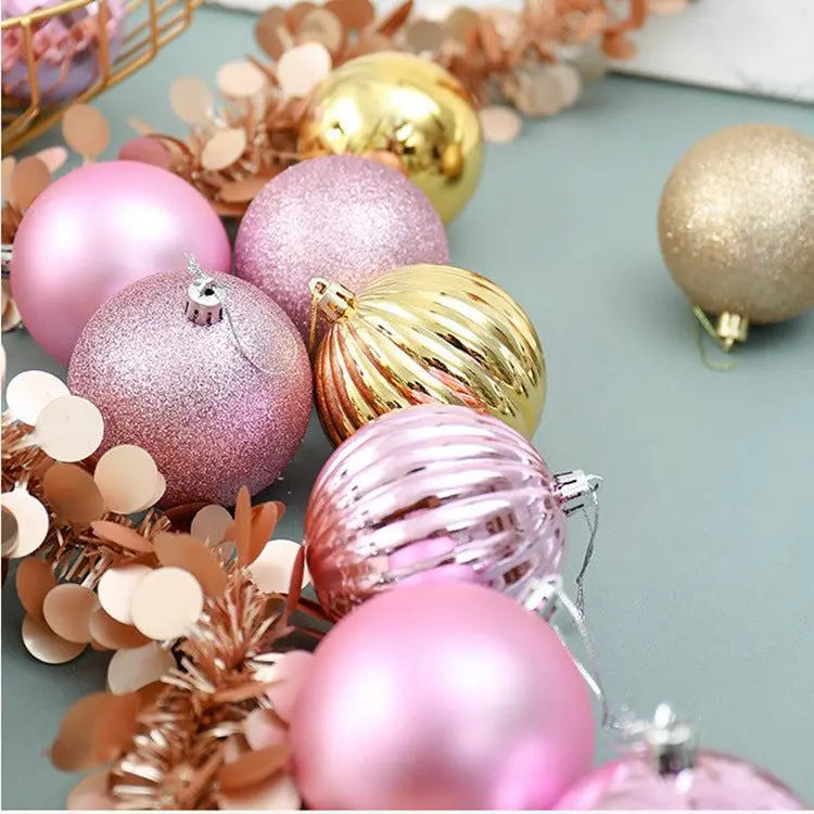 34-piece colorful Christmas ball ornaments set with pink, gold, and glitter finishes for tree decoration