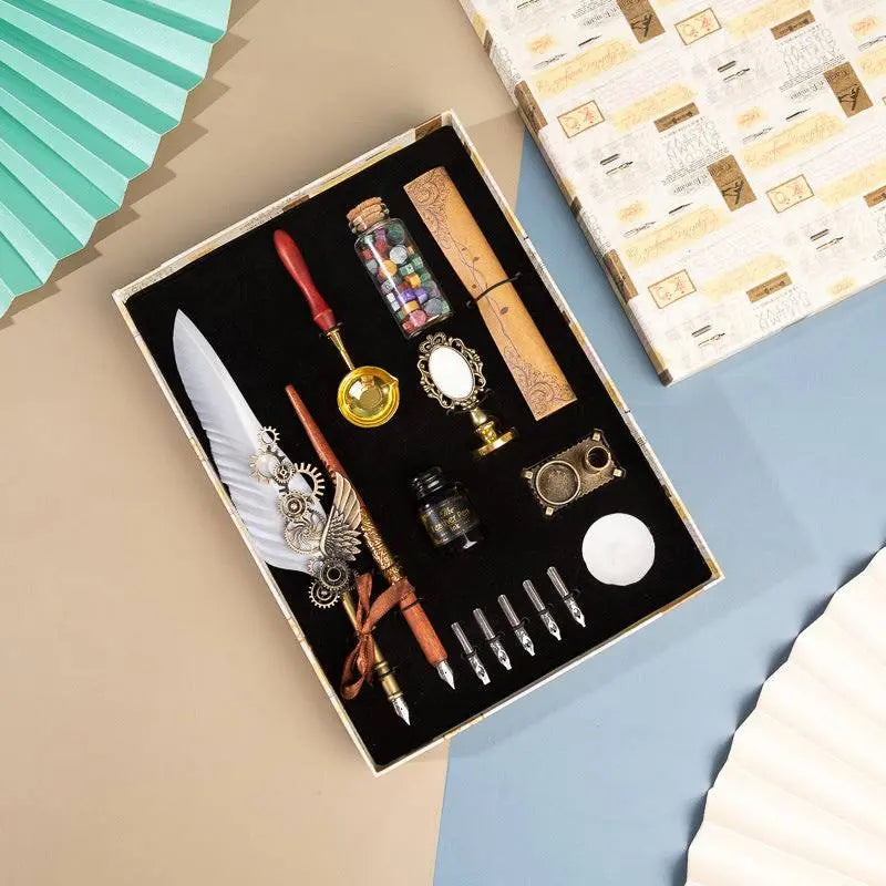Retro Feather Pen Gift Box luxury writing set with feather pen, dip pen, wax seal accessories, and calligraphy tools in gift packaging