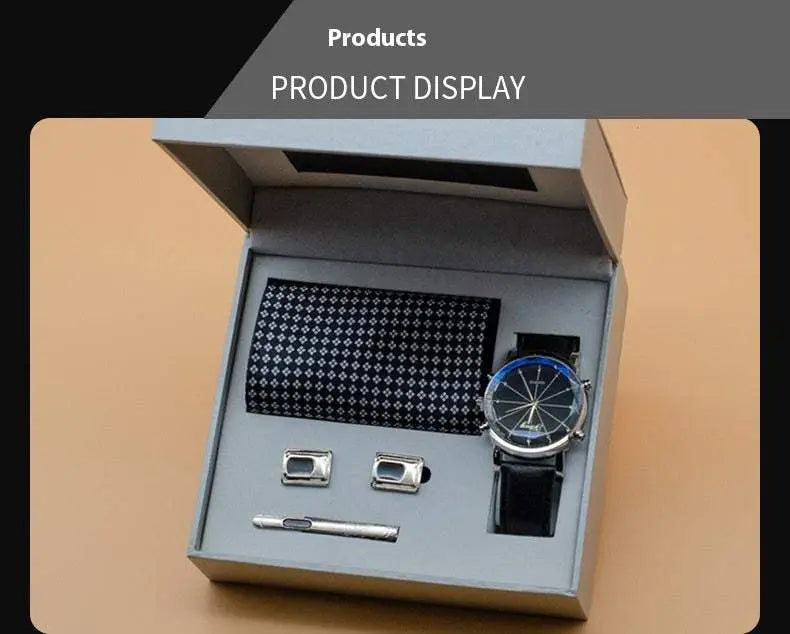 Men’s Suit Gift Box Set with watch, tie, tie clip, and cufflinks in a premium gift box