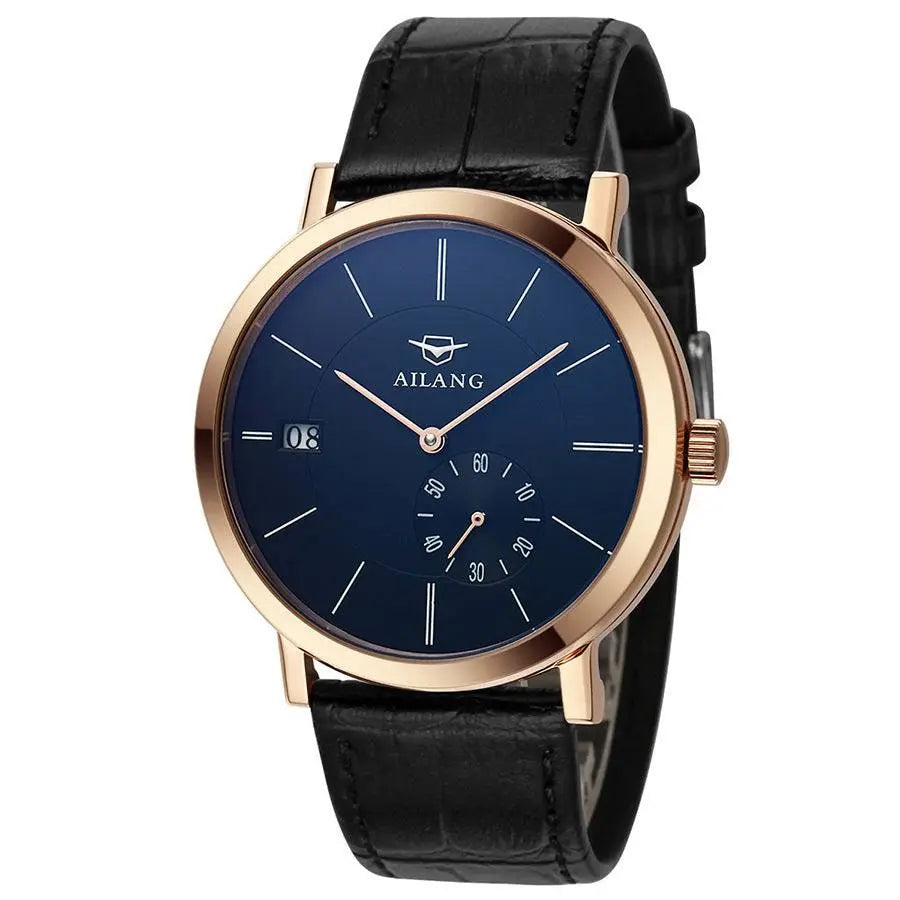 Ailang men’s automatic mechanical watch with blue dial, sapphire glass, and black leather strap