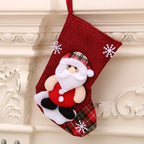 Red Christmas hanging stocking with Santa Claus design and snowflake decorations