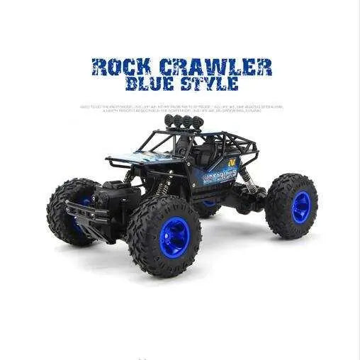 4WD RC car rock crawler with blue wheels and off-road tires for climbing and racing