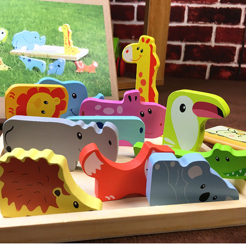 Colorful wooden animal toys on a wooden base with a brick wall background