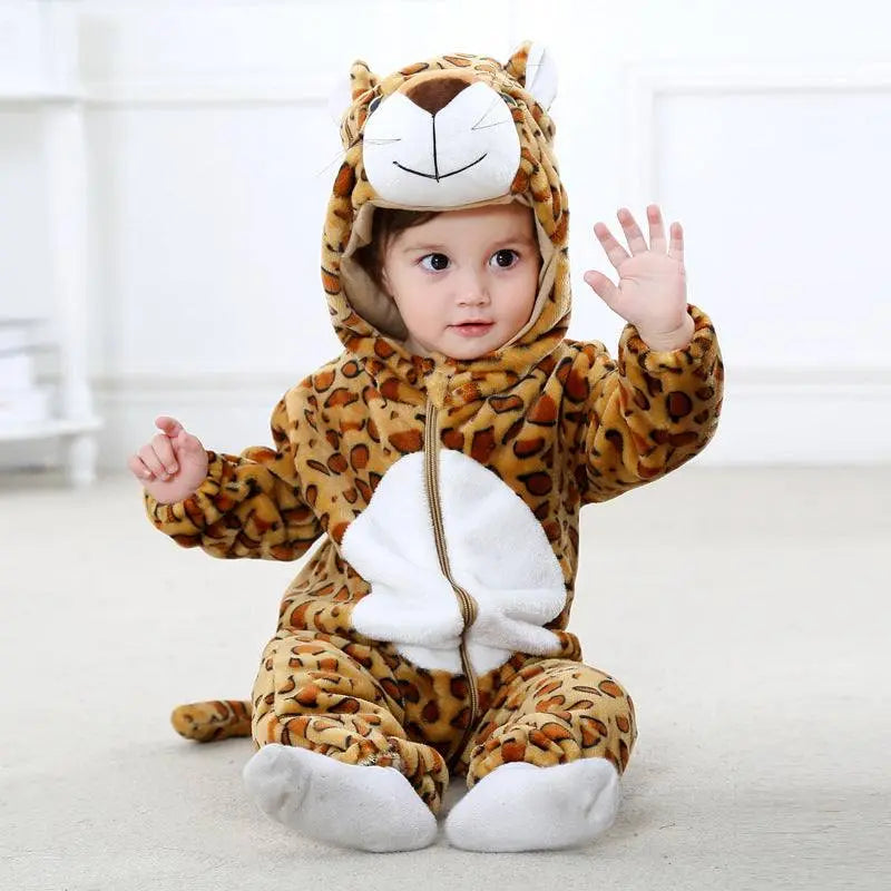Baby in warm flannel cotton jumpsuit romper with animal hood for outdoor autumn and winter wear