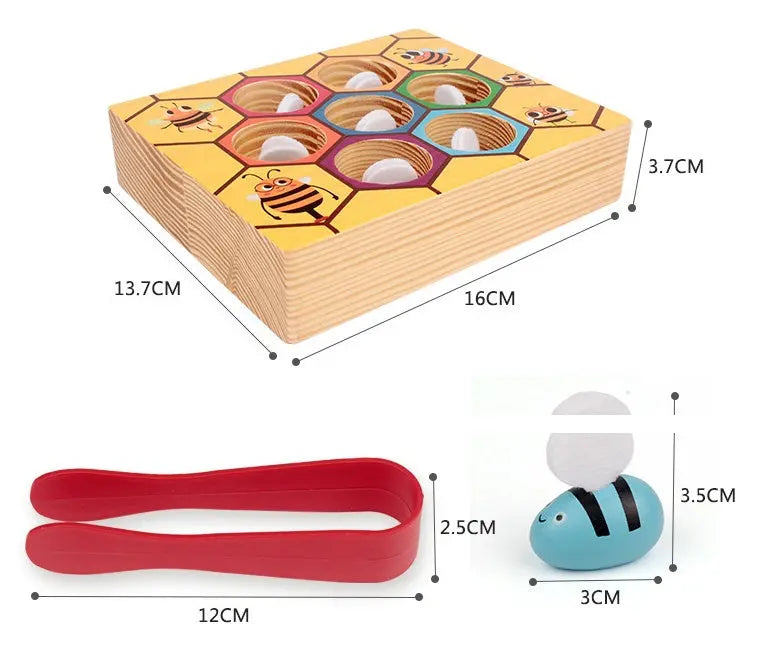 Wooden bee hive puzzle with bee figures and dimensions on a white background