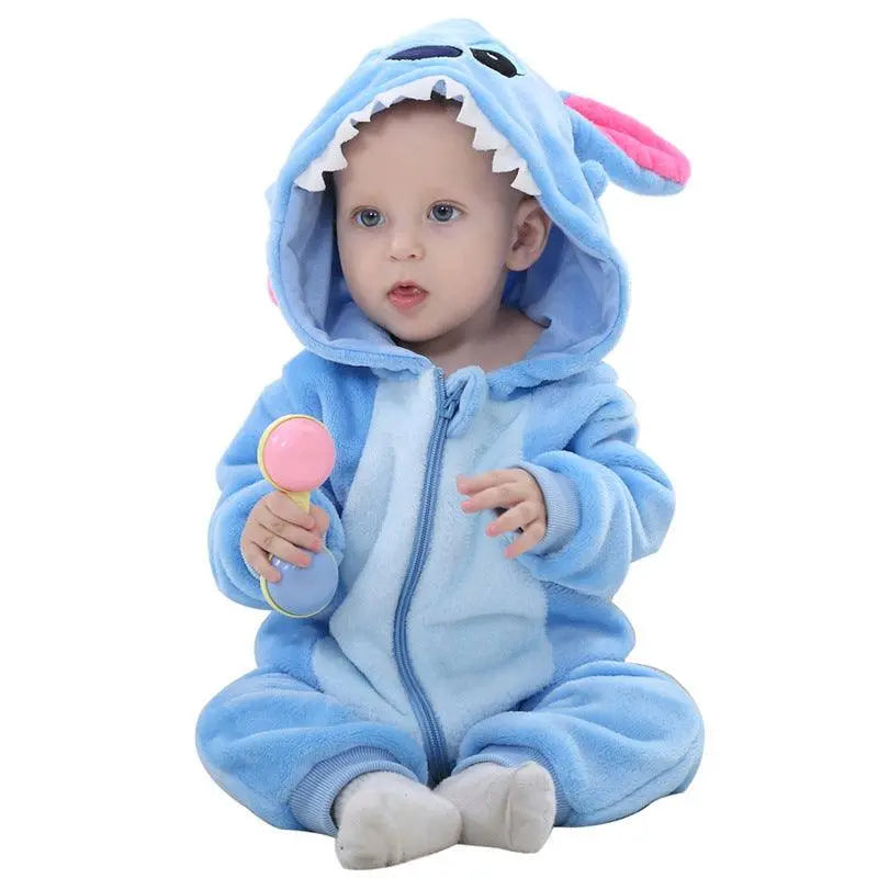 Baby wearing blue flannel cotton outdoor romper with hood and zip for winter and autumn seasons