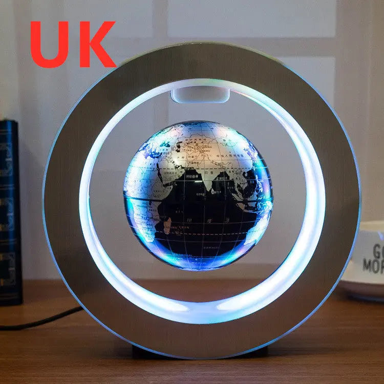 LED Floating Globe magnetic levitation world map with LED illumination and brushed silver frame floating in midair