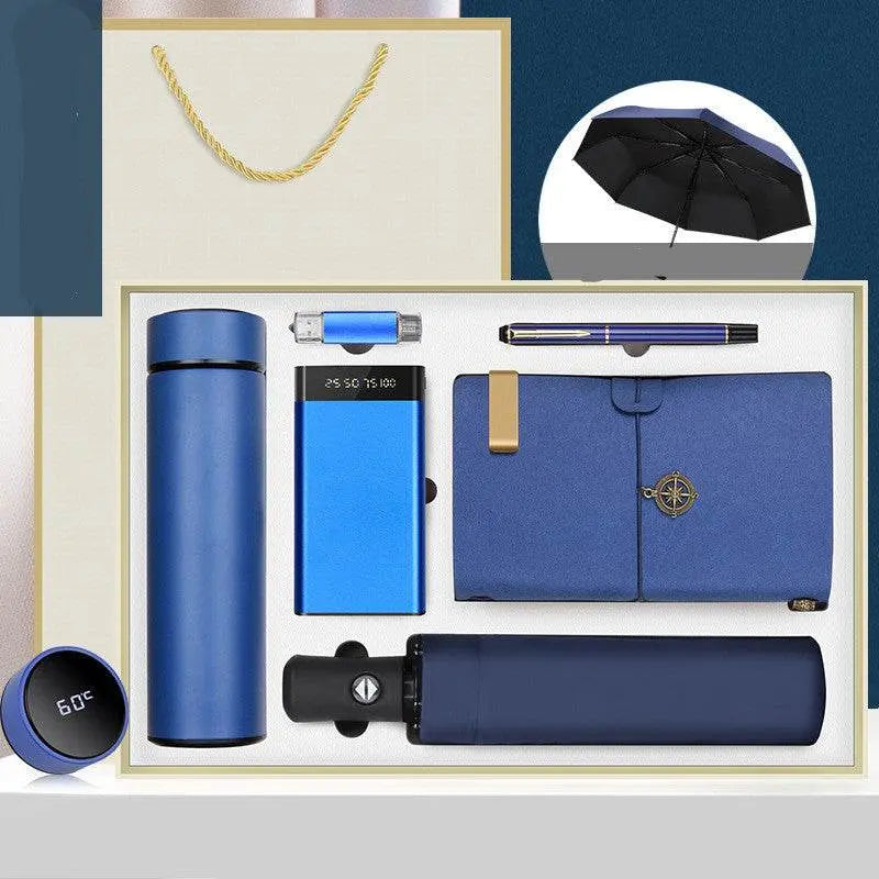 Ultimate Gift Box luxury 8-piece business set with thermos, umbrella, notebook, pen, USB, power bank, speaker, and keychain in premium packaging