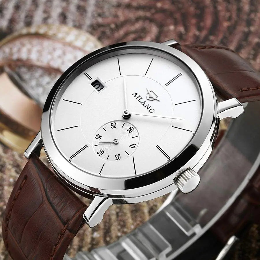 Ailang men’s automatic mechanical watch with white dial, sapphire glass, and brown leather strap