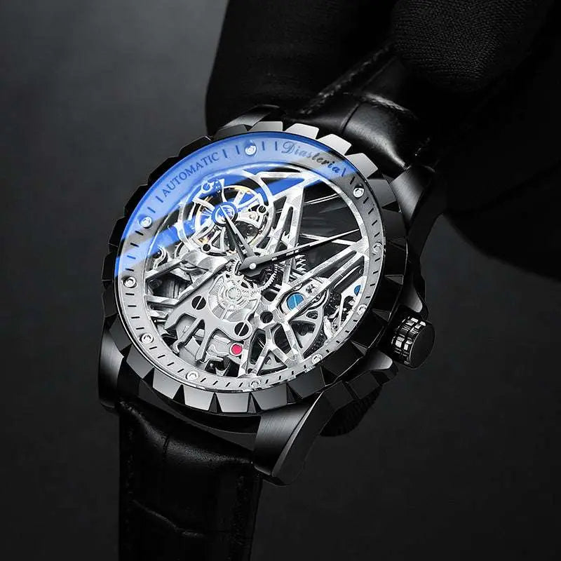 Daystar Fish Scale Mechanical Watch with automatic movement, stainless steel case, and black leather strap