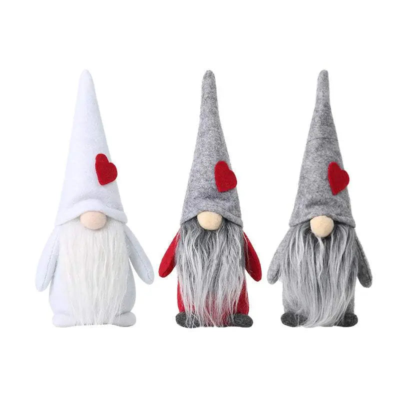 Set of three 21cm Christmas Gonk Nordic holiday decorations with grey and white hats and red heart accents