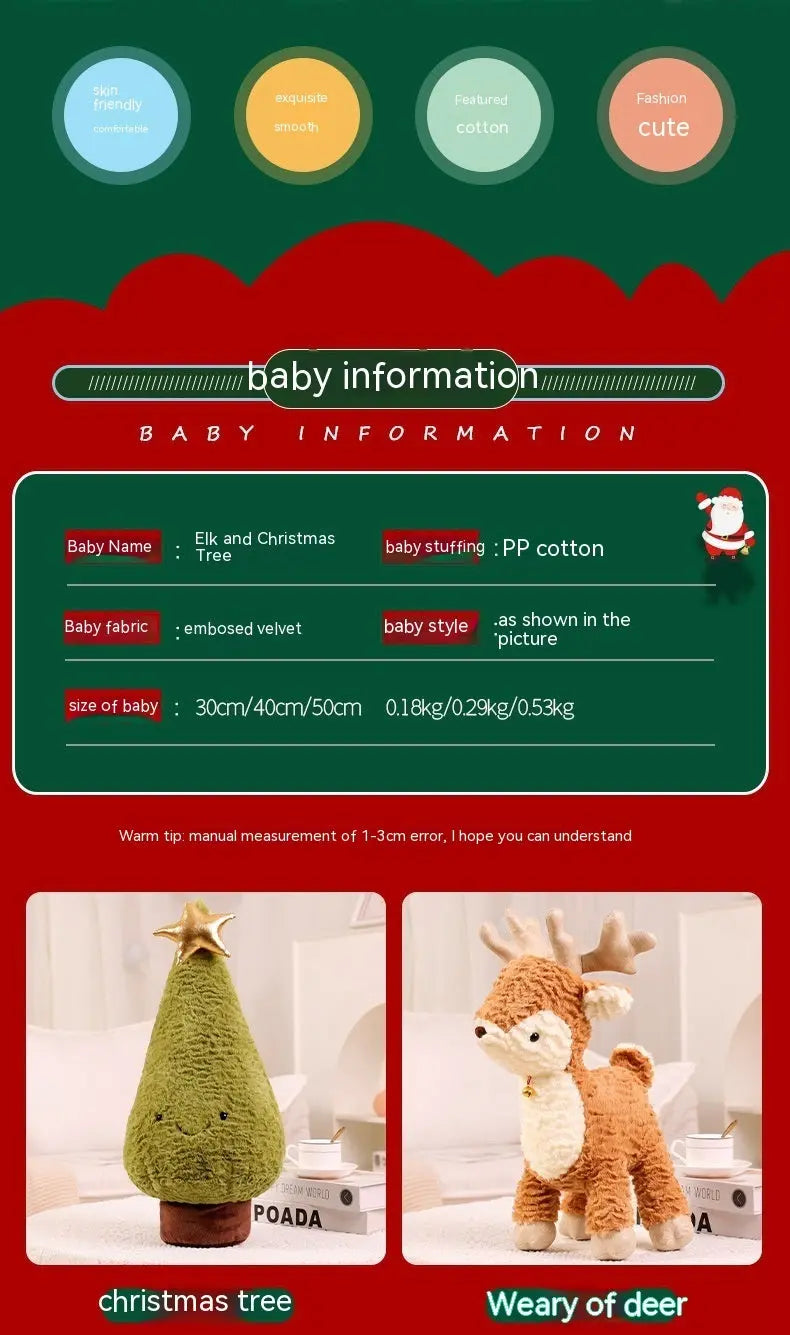 Plush reindeer and Christmas tree cushions in soft embossed velvet with PP cotton filling, available in 30cm, 40cm, and 50cm sizes.