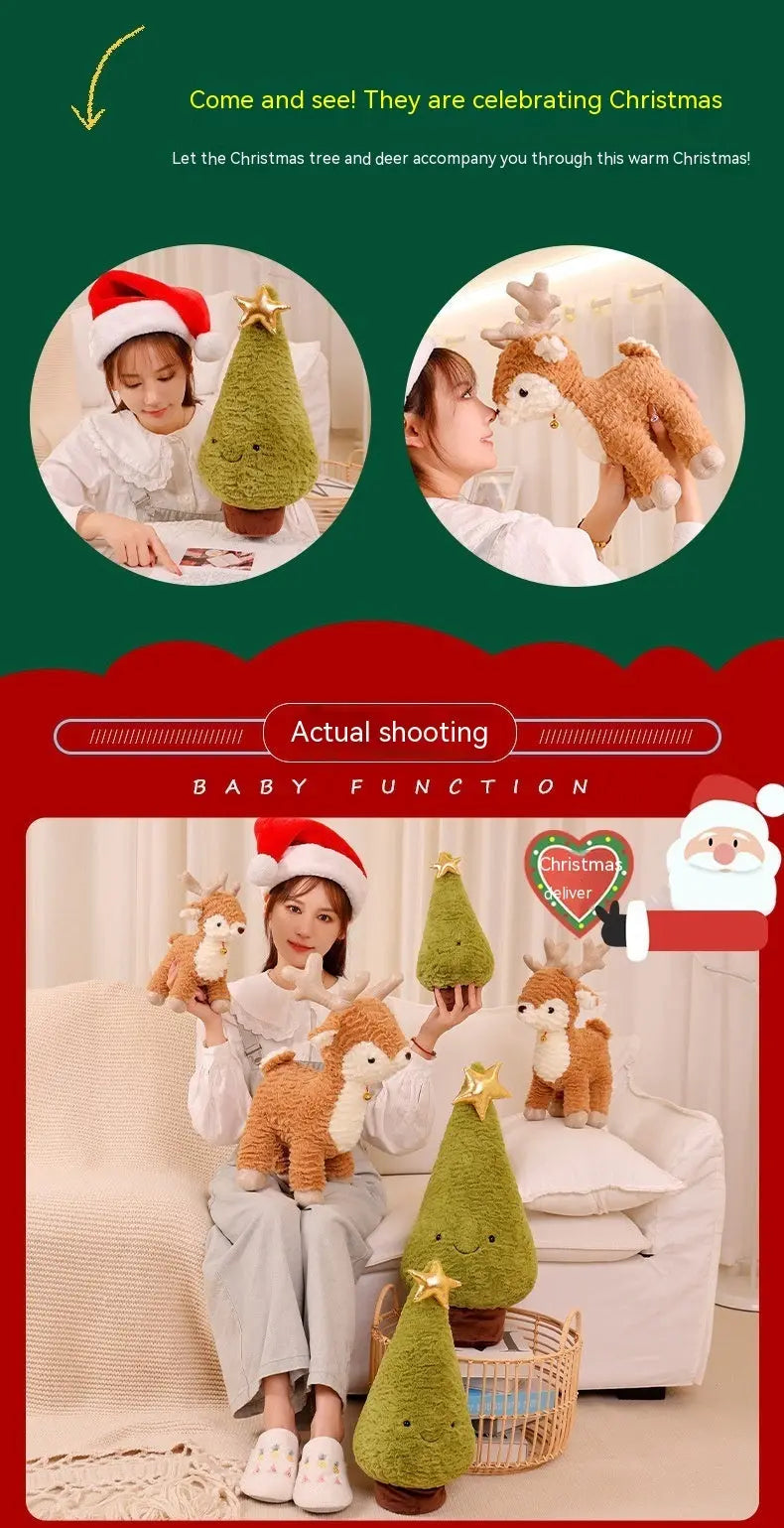 Plush reindeer and Christmas tree soft holiday cushions in multiple sizes for festive decor and cozy comfort