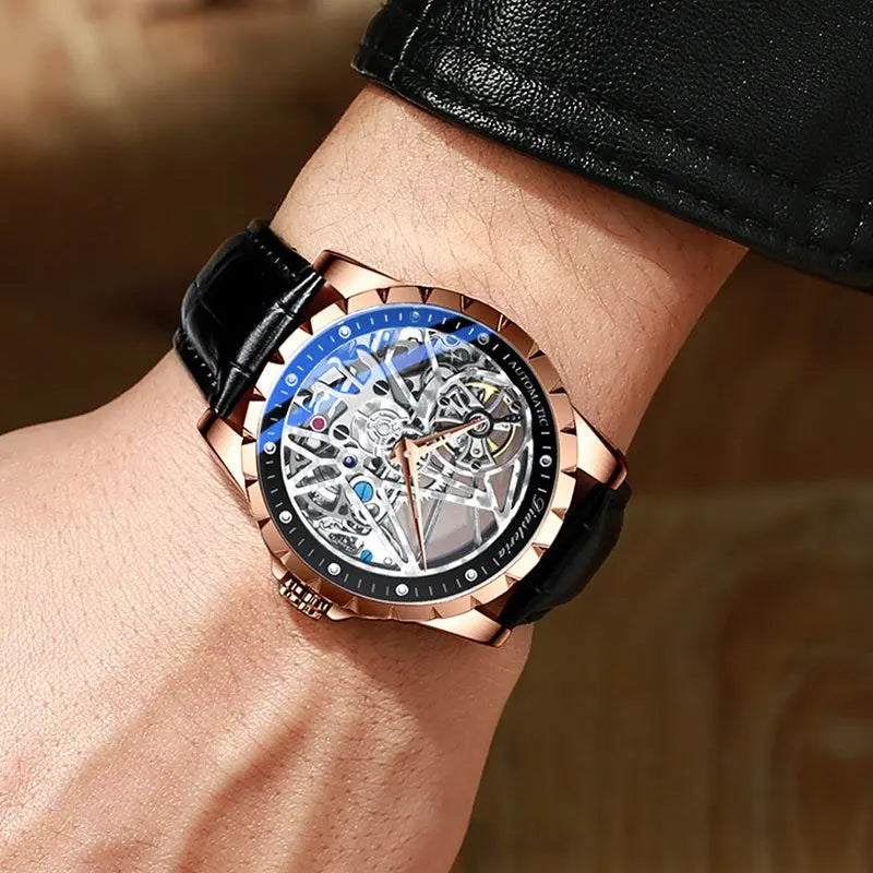 Daystar Fish Scale Mechanical Watch with automatic movement, stainless steel case, and black leather strap on wrist