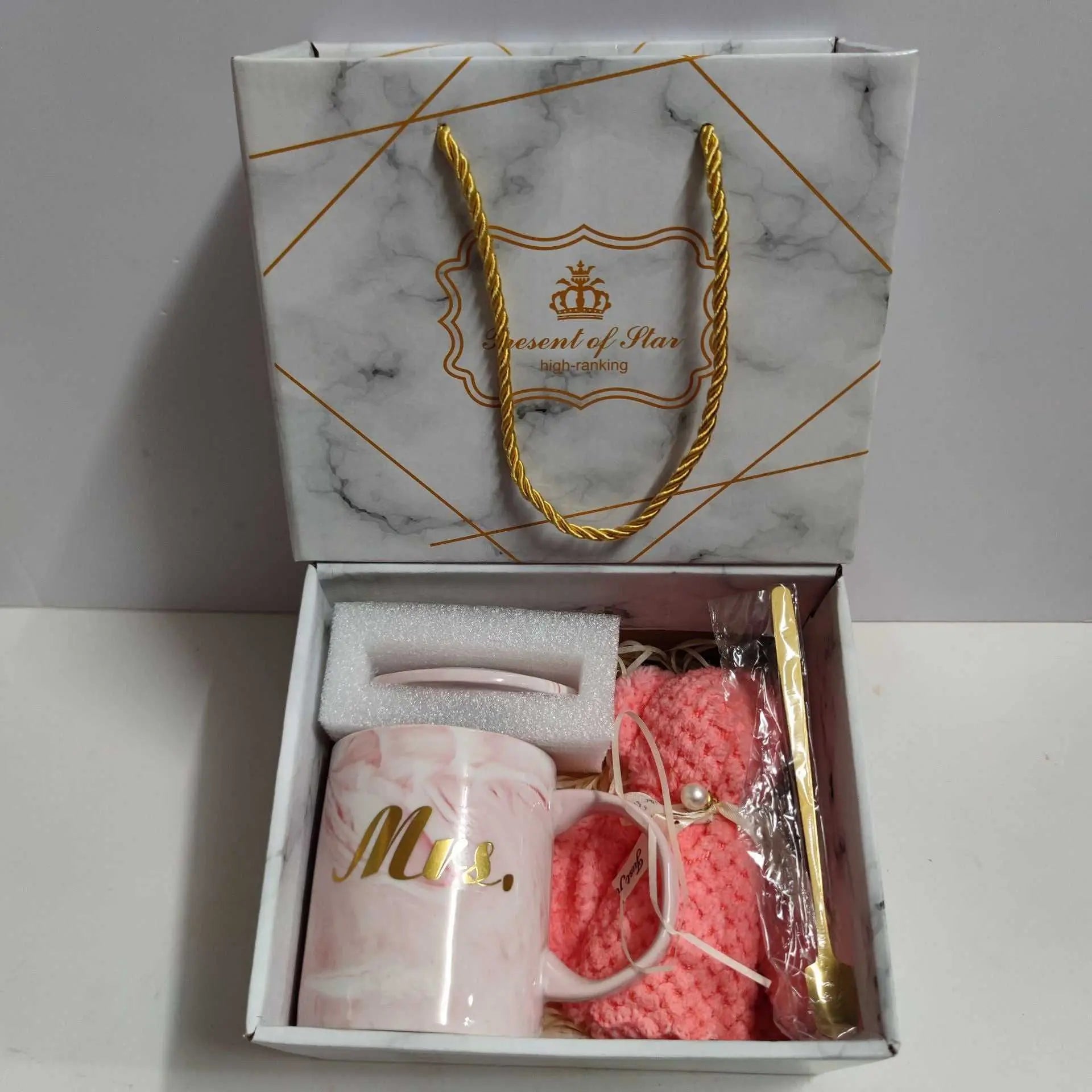 Ceramic cup gift box set with letter print mug, spoon, towel, and premium packaging