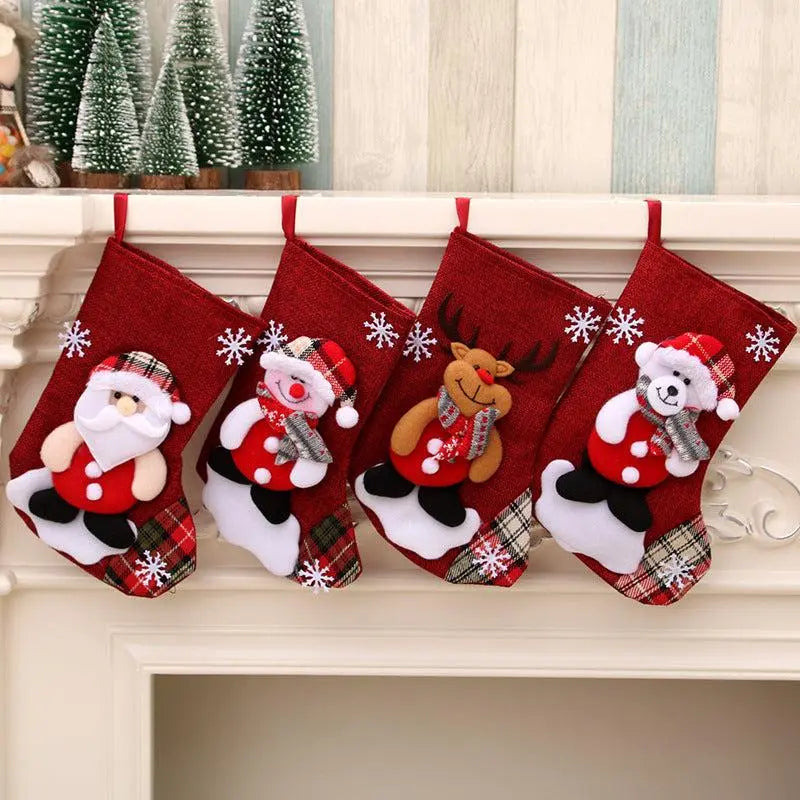 Christmas hanging stocking set with Santa, Snowman, Reindeer, and Bear designs, red and festive holiday decor
